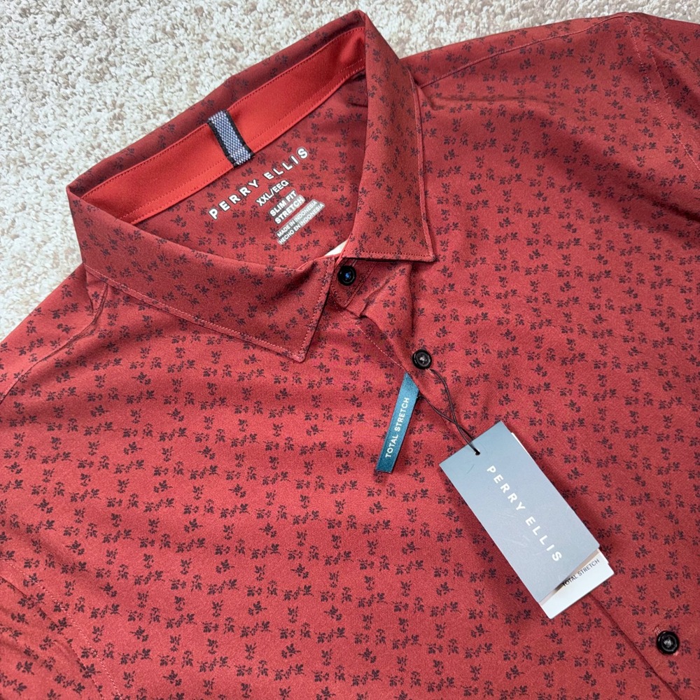 Perry Ellis Button Shirt Men Slim Fit Total Stretch Russet Brown Wicking XXL NEW